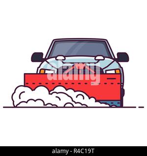Front view of SUV car with attached snowplower. Line style vector illustration. Off road vehicle in winter clearing road from snow. Cleaning winter ro Stock Vector