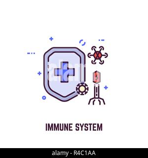 Immune system shield and viruses and bacteria attacking shield. Bacteriophage and virus. Line style vector illustration. Stock Vector