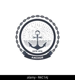 Anchor logo. Ink color sea anchor symbol with rope and chain. Banner with text and company name template. Sails and boat badge. Stock Vector