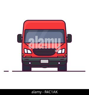 Front view of red delivery truck. Line style vector illustration. Vehicle and transport banner. Delivery and shipping service banner. Minivan transpor Stock Vector