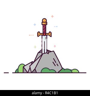 Excalibur sword in the stone. Line style vector illustration. King Arthur sword. Medival cold weapon with golden hilt. Stock Vector