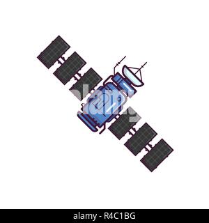 Earth satellite network provider banner. Line style, pixel perfect satellite vector illustration. Communication satellite with solar panels and dish w Stock Vector