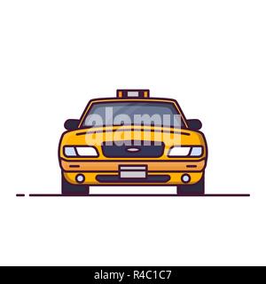 Front view of yellow taxi car with sign. Line style vector illustration. Vehicle and transport banner. Classic american taxi car from New York. Transp Stock Vector