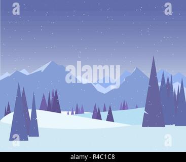 Winter forest and merry christmas illustration. Christmas snow nature background. Snowfall and mountains on background. Sky with snow. Forest of fir-t Stock Vector