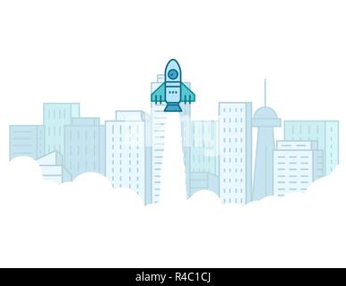 Startup rocket banner. Space rocket flying up with white smoke. Launch of project. Line style thin line landing page template. Big city buildings and  Stock Vector