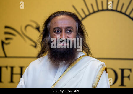 Dubai, United Arab Emirates - November 17, 2018: Indian spiritual guru Sri Sri Ravi Shankar on his visit to the UAE to lead a meditation master class Stock Photo