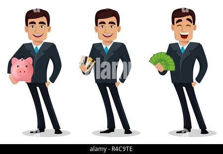 Business man cartoon character in formal suit, set of three poses. Handsome businessman holds piggy bank, holds credit cards and holds money. Manager, Stock Vector
