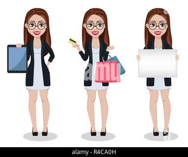 Business woman cartoon character, set of three poses. Beautiful lady businesswoman holds tablet, holds credit card and shopping bags and holds placard Stock Vector