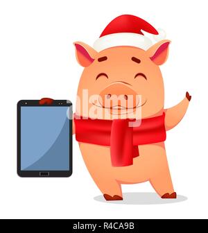 Christmas greeting card. Cute pig wearing Santa Claus hat and scarf holds tablet.  Vector illustration on white background Stock Vector