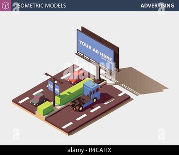Outdoor Advertising Concept Representing Media Types and Placement Locations. Its includes Billboard, Street Lamp Post Advert Banner, Personal Cars an Stock Vector