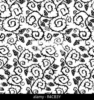 Monochrome Halloween Black and White Vector Seamless Pattern with Barbed Spike Plant and Amanita muscaria Mushrooms. Ready for print in fabric textile design Stock Vector