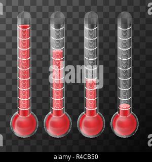 Set of four realistic glossy thermometers with different temperature levels on transparent background Stock Vector