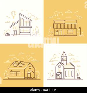 Town architecture - set of thin line design style vector illustrations Stock Vector
