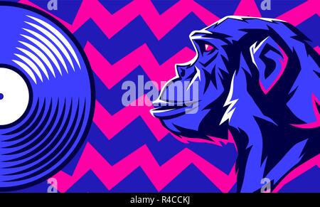 Monkey and vinyl disc. Stock Vector