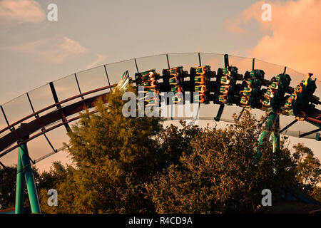 Orlando, Florida. November 21, 2018. People having fun Mako Rollercoaster on sunset background at Seaworld in International Drive area. Stock Photo