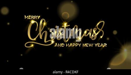 Merry Christmas Happy New Year calligraphic greeting card or party invitation illustration, golden typography text quote with festive gold lights. Ele Stock Vector