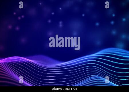 3D Sound waves with floating particles. Data abstract visualization. Stock Vector