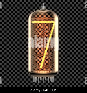 Nixie tube indicator lamp with number 7 lit up, as retro-styled digitron. Transparent vector illustration. Stock Vector