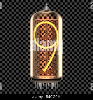 Nixie tube indicator lamp with number 9 lit up, as retro-styled digitron. Transparent vector illustration. Stock Vector