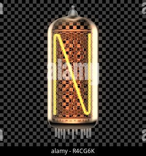 Nixie tube indicator lamp with letter N lit up, as retro-styled digitron alphabet. Transparent vector illustration. Stock Vector