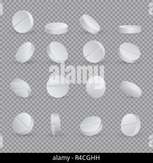Round white medical pills in different positions. Stock Vector
