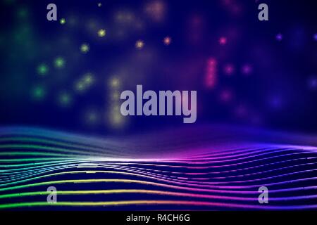 3D Sound waves with floating particles. Data abstract visualization. Stock Vector