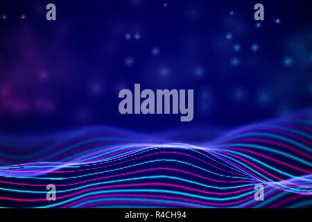 3D Sound waves with floating particles. Data abstract visualization. Stock Vector