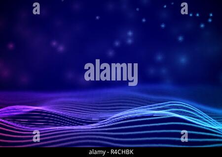 3D Sound waves with floating particles. Data abstract visualization. Stock Vector
