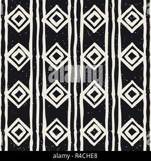 Simple ink geometric pattern. Monochrome black and white strokes background. Hand drawn rhombus shapes texture Stock Vector