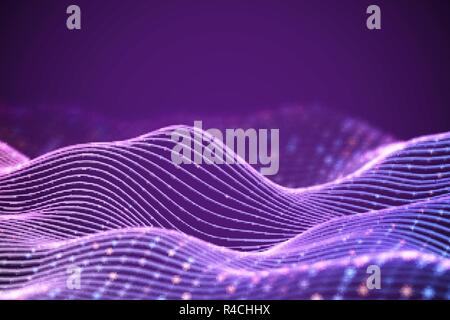 3D Sound waves with colored dots. Big data abstract visualization. Stock Vector