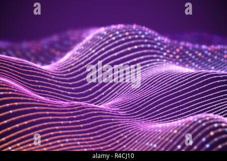 3D Sound waves with colored dots. Big data abstract visualization. Stock Vector