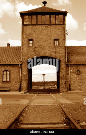 the security tower at the entrance to Auschwitz Birkenau concentration camp Stock Photo