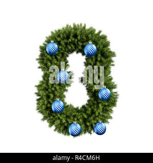 Christmas alphabet ABC digit number 8 eight font with Christmas ball. Christmas tree branches digits decoration type with Christmas sphere. Highly rea Stock Photo