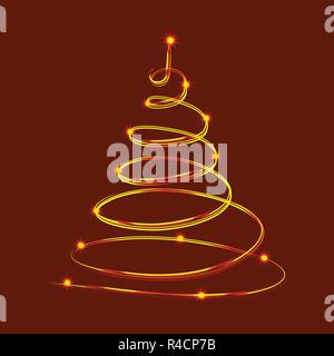 Neon Christmas Tree with Shiny Stars. Vector sparkle tree isolated on Red Background. Christmas Tree for design, card, invitation, print. Stock Vector