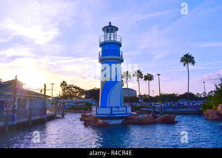 Orlando, Florida. November 19, 2018. Seaworld lighthouse on sunset background in International Drive area. Stock Photo