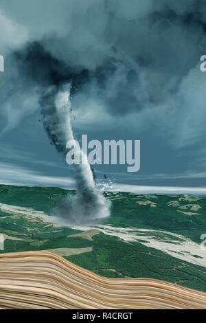 A tornado is a rapidly rotating column of air that is in contact with both the surface of the Earth and a cumulonimbus cloud. 3d rendering Stock Photo