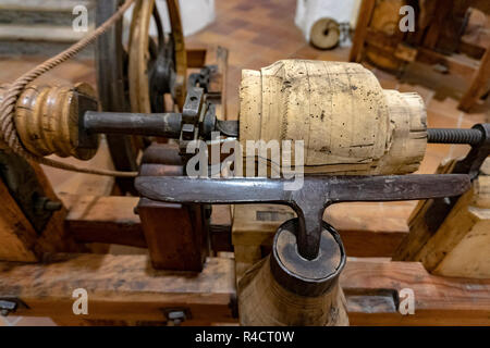 Ancient medieval wooden lathe detail Stock Photo