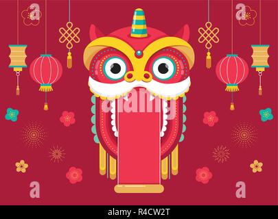 Chinese New Year background, greeting card template with a lion dance, red dragon character Stock Vector