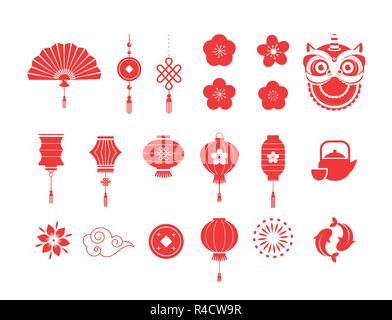 Chinese New Year red symbols and icons collection Stock Vector