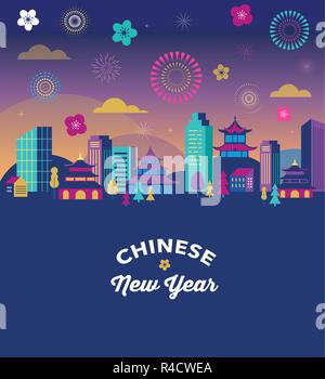 Chinese New Year - city landscape with colorful fireworks and lanterns. Vector background Stock Vector