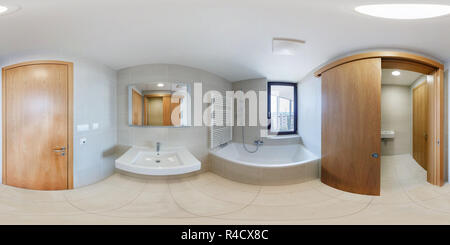 360 degree panoramic view of PRAHA, CZECH REPUBLIC - AUGUST 08, 2013: Modern interior of bathroom restroom, full 360 panorama in equirectangular spherical projection in Central Pa