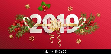 2019 New year banner with gold bow on red background with traditional elements-candy cane,Christmas tree branches, snowflakes, mistletoe.Perfect for flyers,cards,posters.Vector illustration. Stock Vector