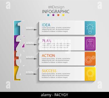 Paper infographic template with 4 options for presentation and data visualization. Business process chart. Diagram with four steps to success. For content, flowchart, workflow. Vector illustration. Stock Vector