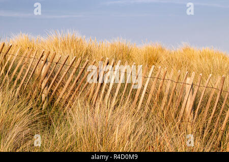 Grass covered sand dune with fence at Llandudno on the North Wales coast Stock Photo
