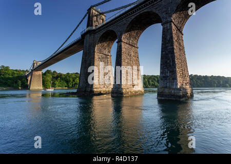 Telford suspension bridge over the Menai Straits on the North Wales coast Stock Photo