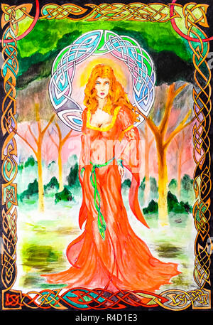 Woman in a translucent red dress in the forest. Picture in frame, watercolor paint. Stock Photo