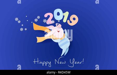 Color paper cut design and craft winter landscape with pig with digits. Winter holidays and christmas design. Vector illustration. Happy New Year 2019 card. Stock Vector