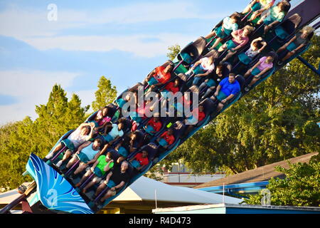 Orlando, Florida. November 19, 2018. Nice families and friends enjoying rollercoaster ride in International Drive area . Stock Photo