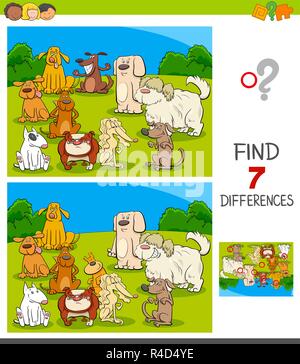 Cartoon Illustration of Finding Seven Differences Between Pictures Educational Game for Children with Dog Characters Group Stock Vector
