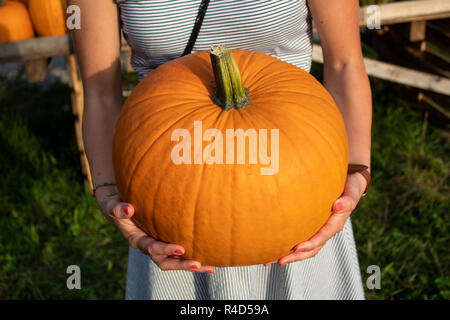 woman in sundress holding huge pumpkin Stock Photo